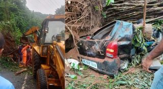 മരംവീണ് കാര്‍ ഛിന്നഭിന്നമായി; ഒരുമരണം; ഓടിക്കൊണ്ടിരുന്ന ബസിനും സാരമായ തകരാര്‍