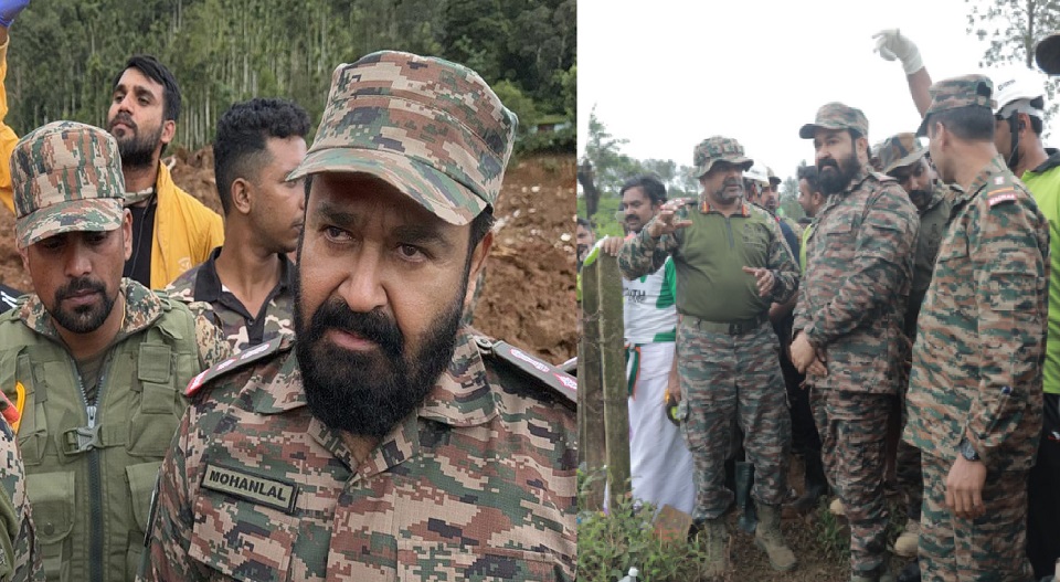 സൈന്യത്തിനൊപ്പം മോഹൻലാൽ മുണ്ടക്കൈയിൽ; സൈനിക യൂണിഫോമില്‍ ദുരന്തഭൂമി സന്ദർശിക്കുന്നു