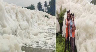 ശക്തമായ മഴക്ക് പിന്നാലെ റോഡിൽ ഭീമാകാരമായ നുരയും പതയും; കാരണം കണ്ടെത്താനാവാതെ അധികൃതർ